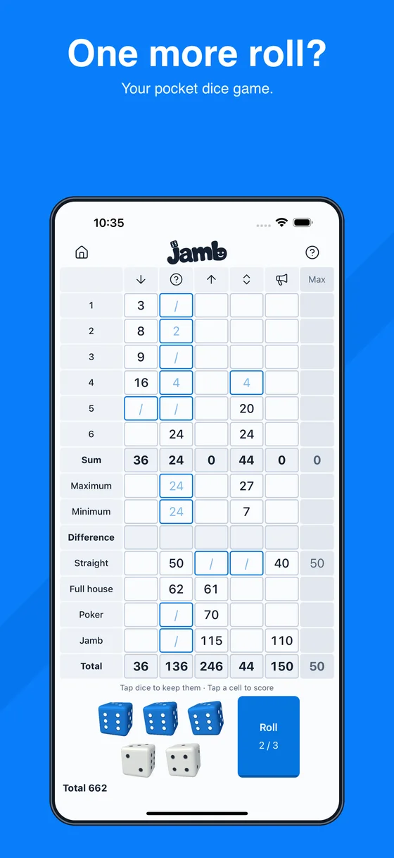 Jamb solo dice game on iPhone with score suggestions and five dice