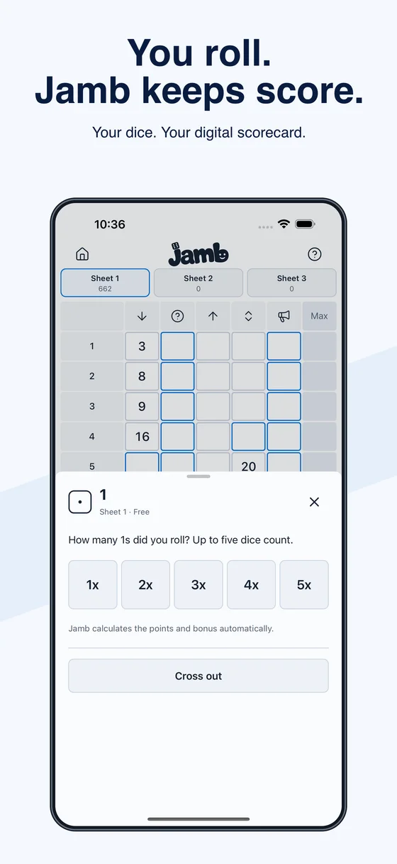 Jamb digital score sheet for playing with your own dice