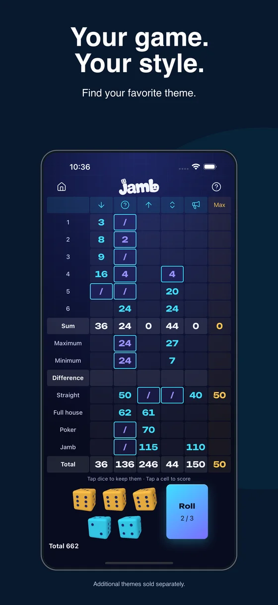 Jamb Arcade Nights design with a dark score sheet and bright dice