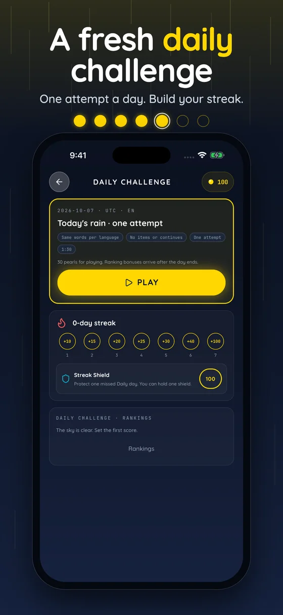 Word Rain on iPhone: Daily Challenge, streak rewards and rankings