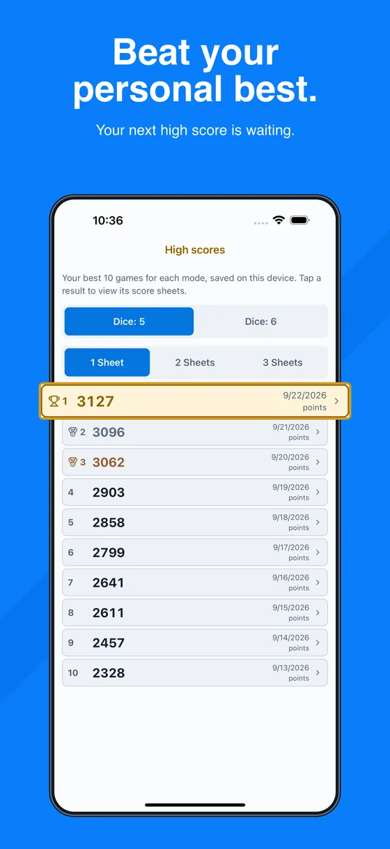 Jamb personal high scores and best-score highlight
