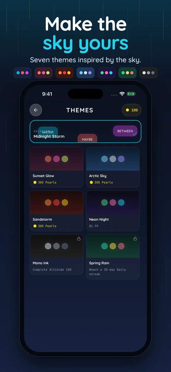Word Rain on iPhone: seven sky-inspired themes