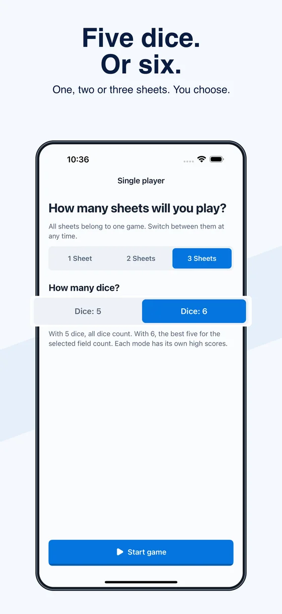 Jamb game setup with a choice of five or six dice