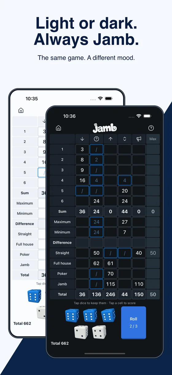 Jamb score sheet in light and dark mode