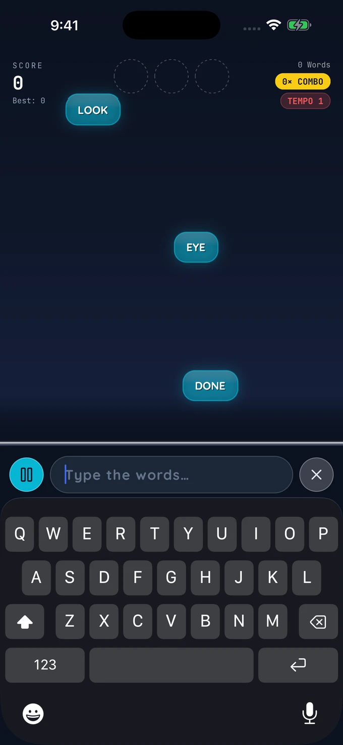 Word Rain running on an iPhone