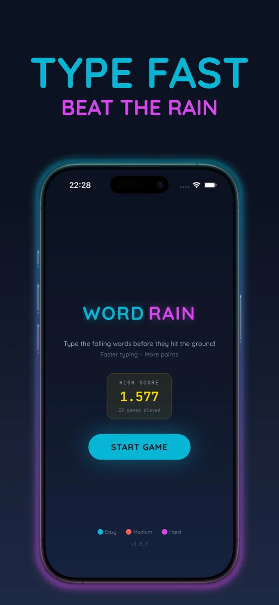 Word Rain typing game on iPhone with falling word bubbles