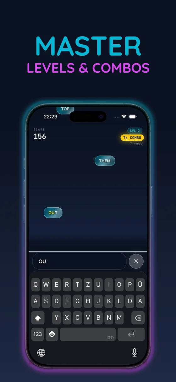 Word Rain gameplay with glowing word bubbles