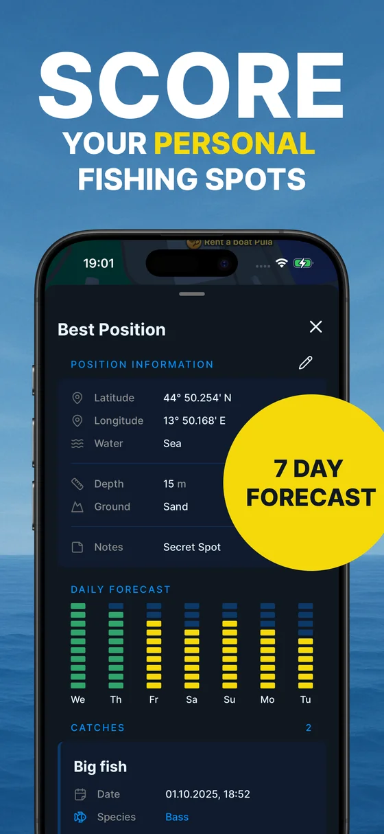 Fishers Spot app showing saved fishing locations