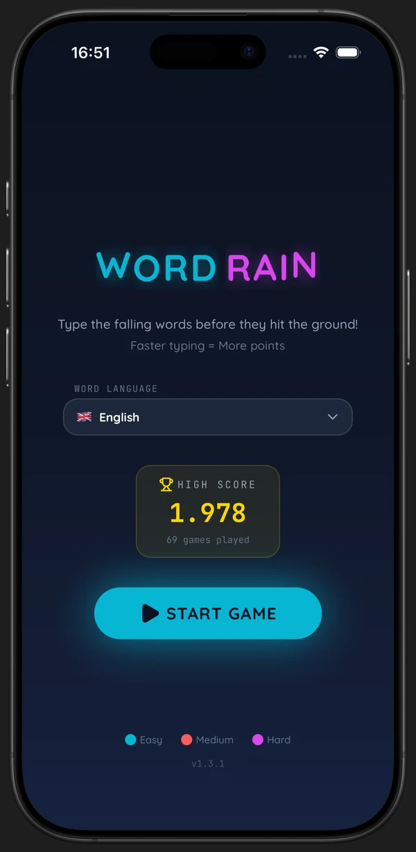 Word Rain running on an iPhone
