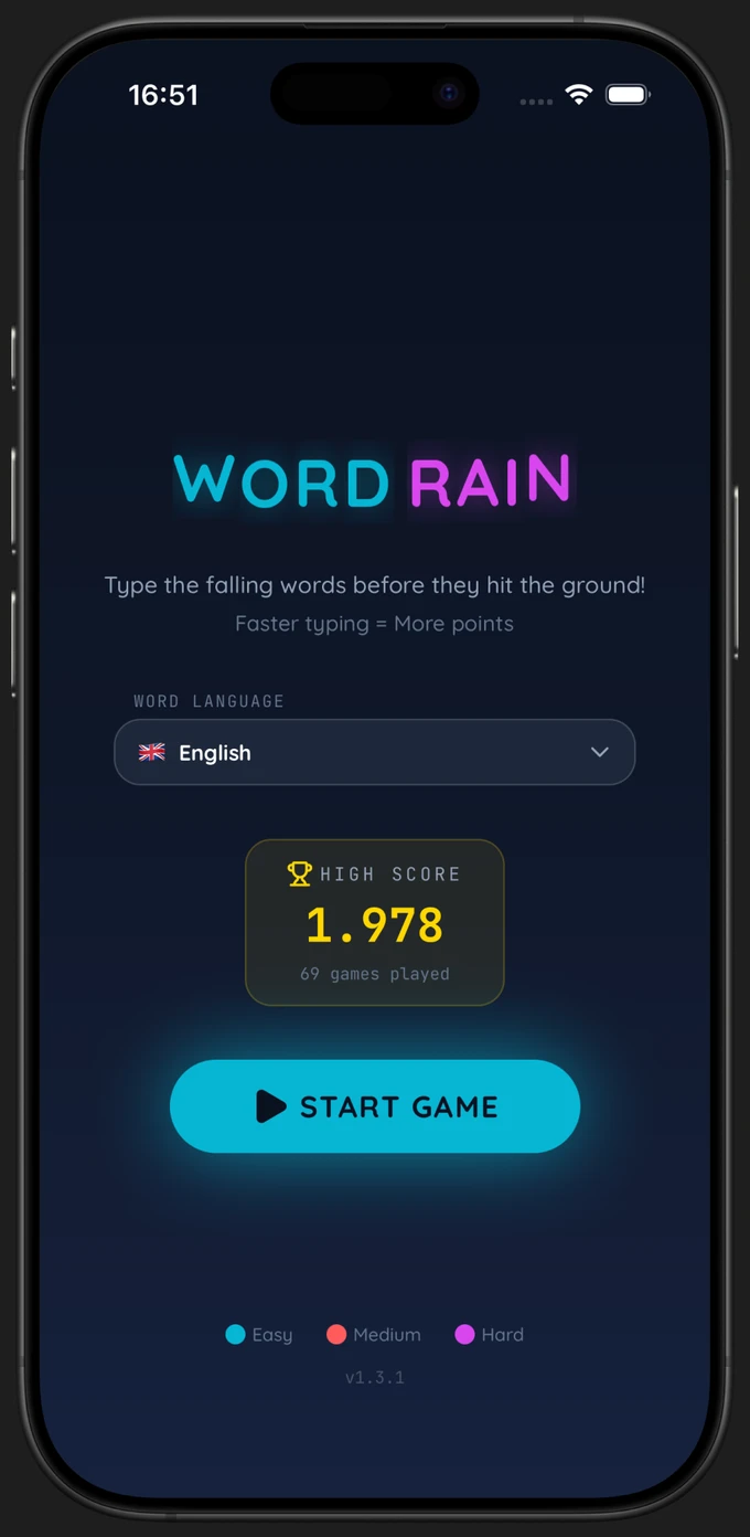 Word Rain running on an iPhone
